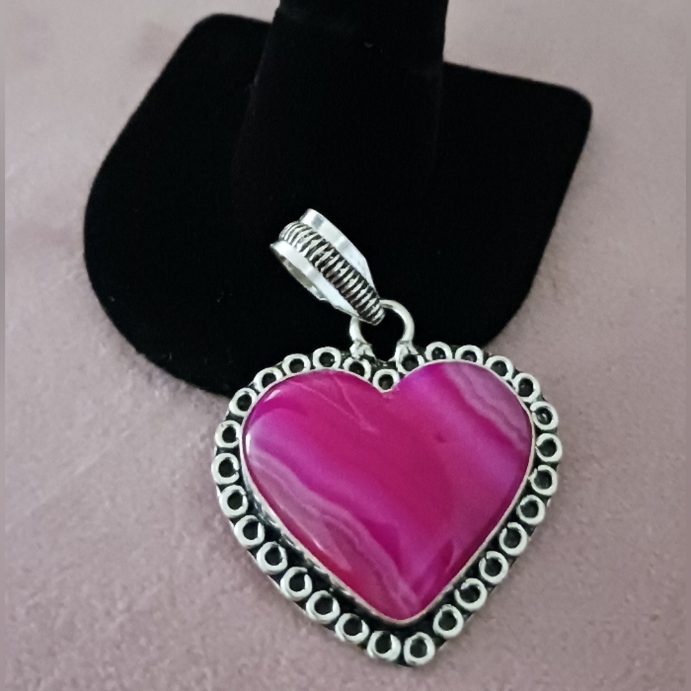 Pink Botswana Agate Heart Pendant, 925 Sterling Overlay, NWOT